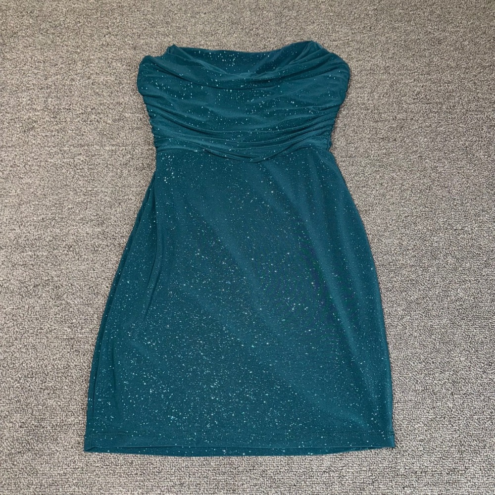 Windsor Teal Green Glitter Strapless Ruched Bodycon Mini Dress Small Sparkly